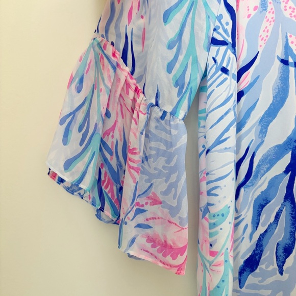 Lilly Pulitzer Elenora Silk Bell Sleeve Dress Medium Kaleidoscope Coral - Picture 4 of 8